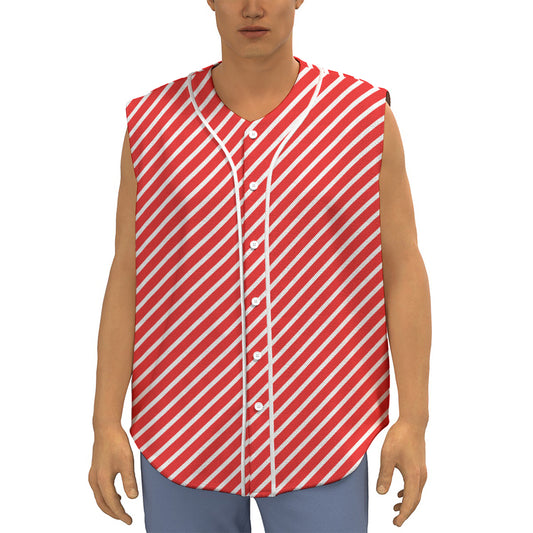 Red And White Candy Cane Pattern Print Sleeveless Baseball Jersey