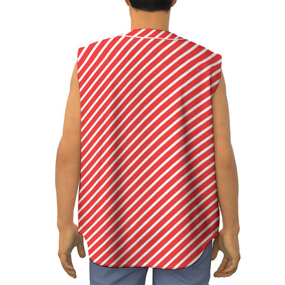 Red And White Candy Cane Pattern Print Sleeveless Baseball Jersey