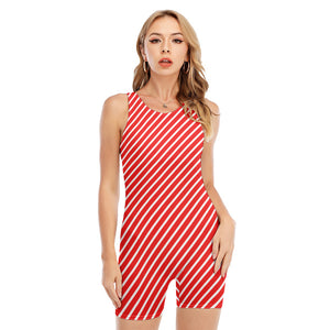 Red And White Candy Cane Pattern Print Sleeveless One Piece Swimsuit