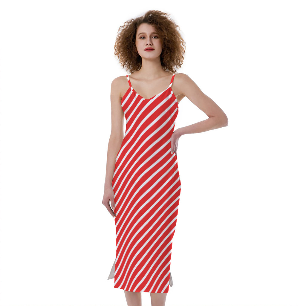 Red And White Candy Cane Pattern Print Slim Fit Midi Cami Dress