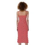 Red And White Candy Cane Pattern Print Slim Fit Midi Cami Dress
