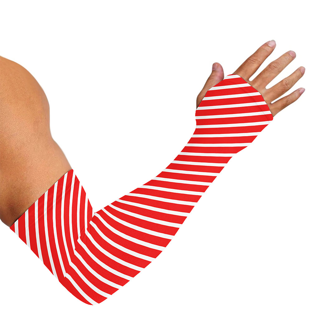 Red And White Candy Cane Pattern Print Sun Protection Arm Sleeves