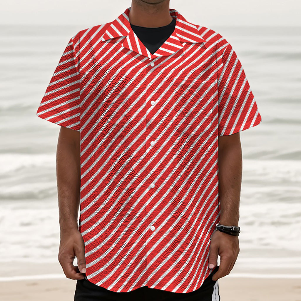 Red And White Candy Cane Pattern Print Textured Short Sleeve Shirt
