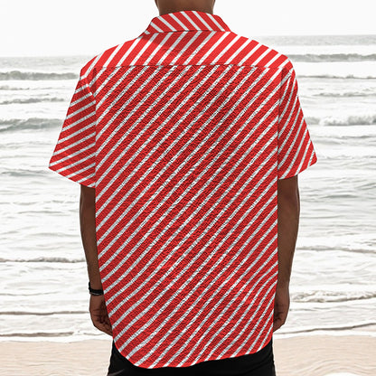 Red And White Candy Cane Pattern Print Textured Short Sleeve Shirt