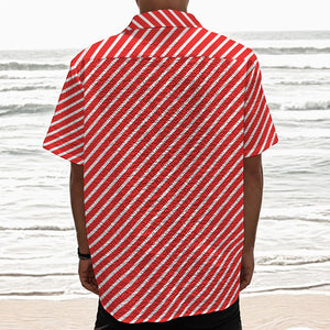 Red And White Candy Cane Pattern Print Textured Short Sleeve Shirt