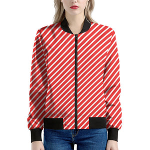 Red And White Candy Cane Pattern Print Women's Bomber Jacket