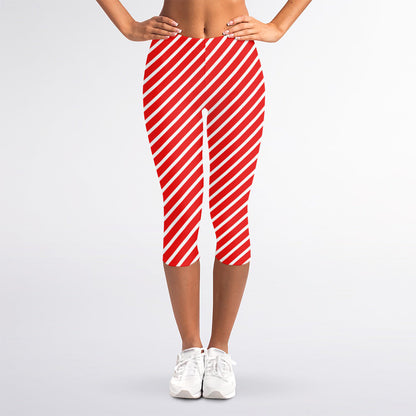 Red And White Candy Cane Pattern Print Women's Capri Leggings