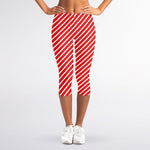 Red And White Candy Cane Pattern Print Women's Capri Leggings