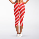 Red And White Candy Cane Pattern Print Women's Capri Leggings