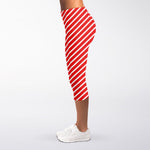 Red And White Candy Cane Pattern Print Women's Capri Leggings