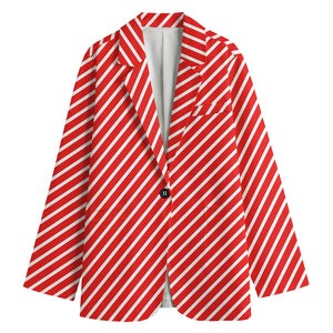 Red And White Candy Cane Pattern Print Women's Cotton Blazer