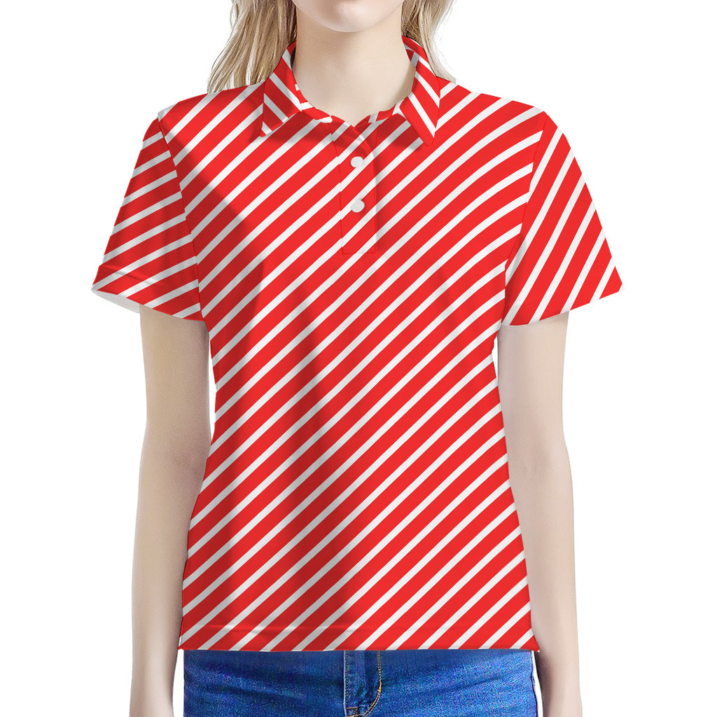 Red And White Candy Cane Pattern Print Women's Polo Shirt