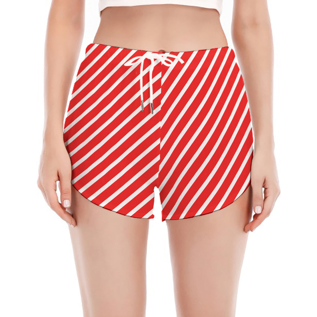 Red And White Candy Cane Pattern Print Women's Split Running Shorts
