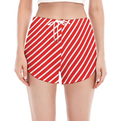 Red And White Candy Cane Pattern Print Women's Split Running Shorts