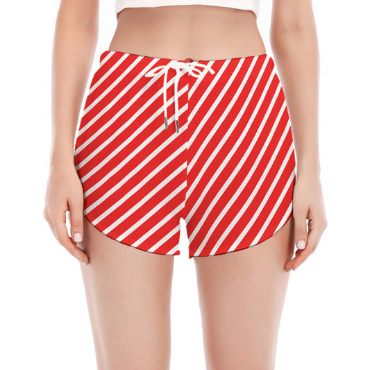 Red And White Candy Cane Pattern Print Women's Split Running Shorts