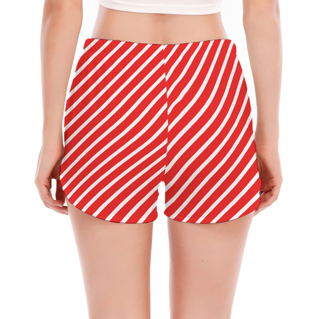 Red And White Candy Cane Pattern Print Women's Split Running Shorts