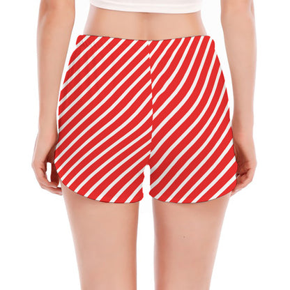 Red And White Candy Cane Pattern Print Women's Split Running Shorts