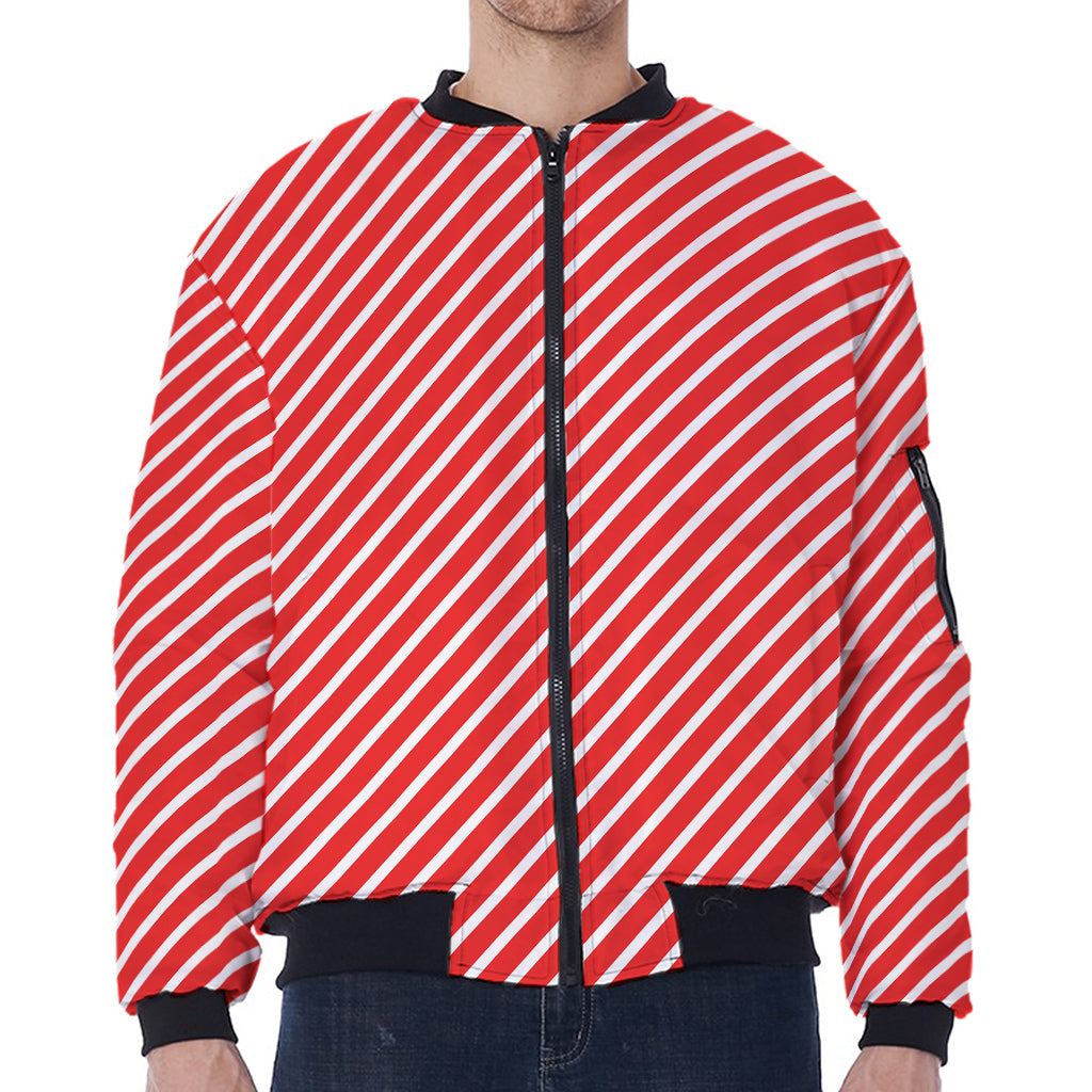 Red And White Candy Cane Pattern Print Zip Sleeve Bomber Jacket