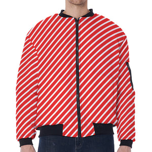 Red And White Candy Cane Pattern Print Zip Sleeve Bomber Jacket