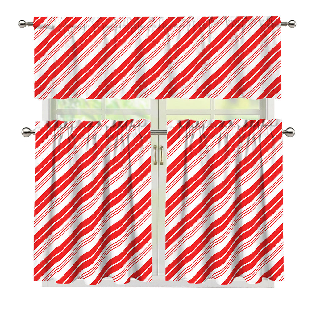 Red And White Candy Cane Stripe Print 3 Piece Kitchen Curtains