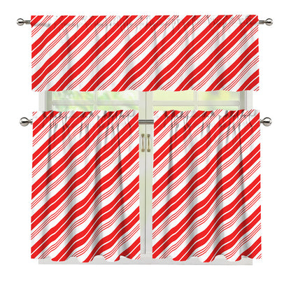 Red And White Candy Cane Stripe Print 3 Piece Kitchen Curtains