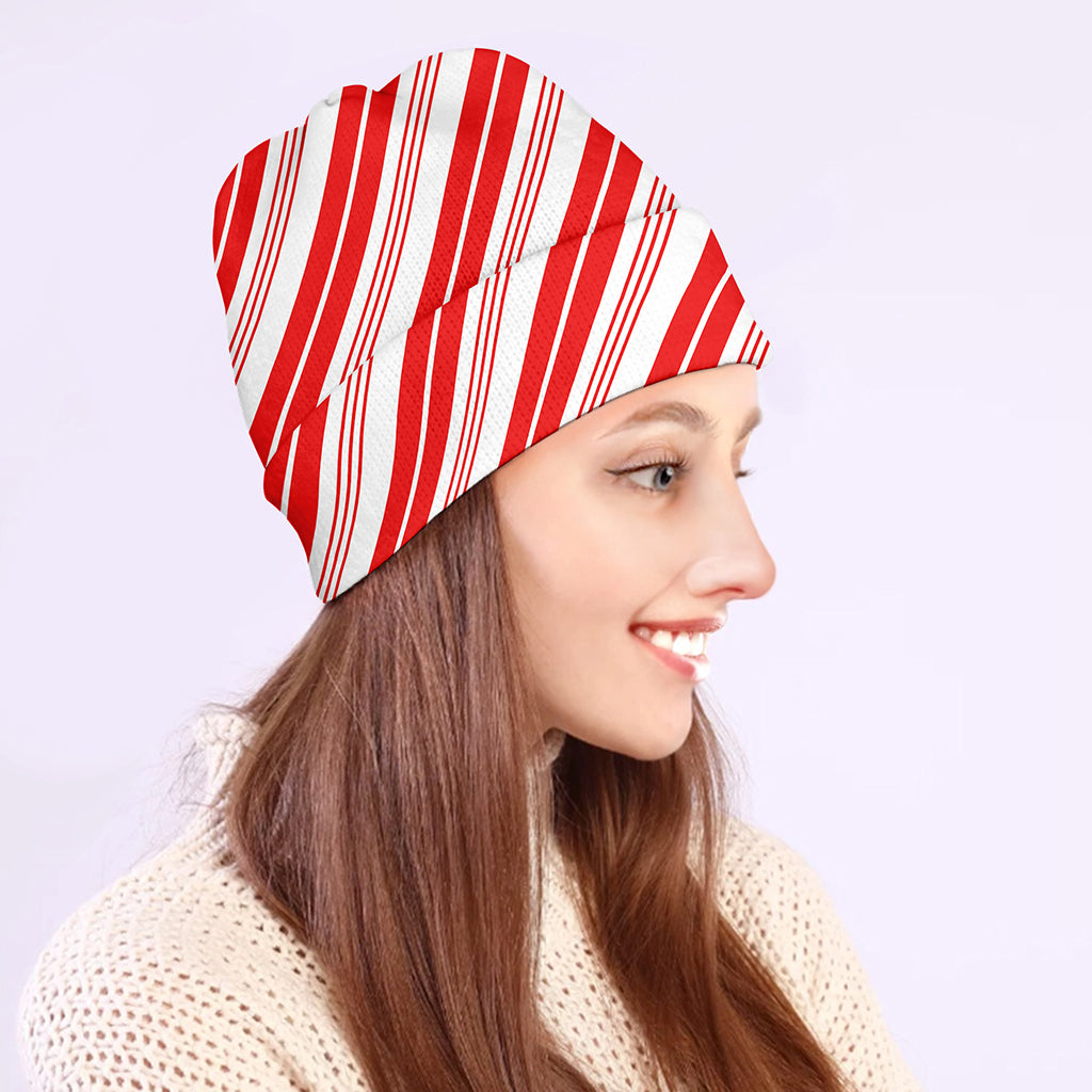 Red And White Candy Cane Stripe Print Beanie
