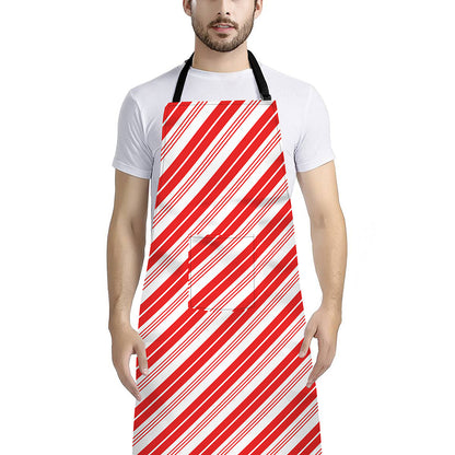 Red And White Candy Cane Stripe Print Bib Apron With Pocket