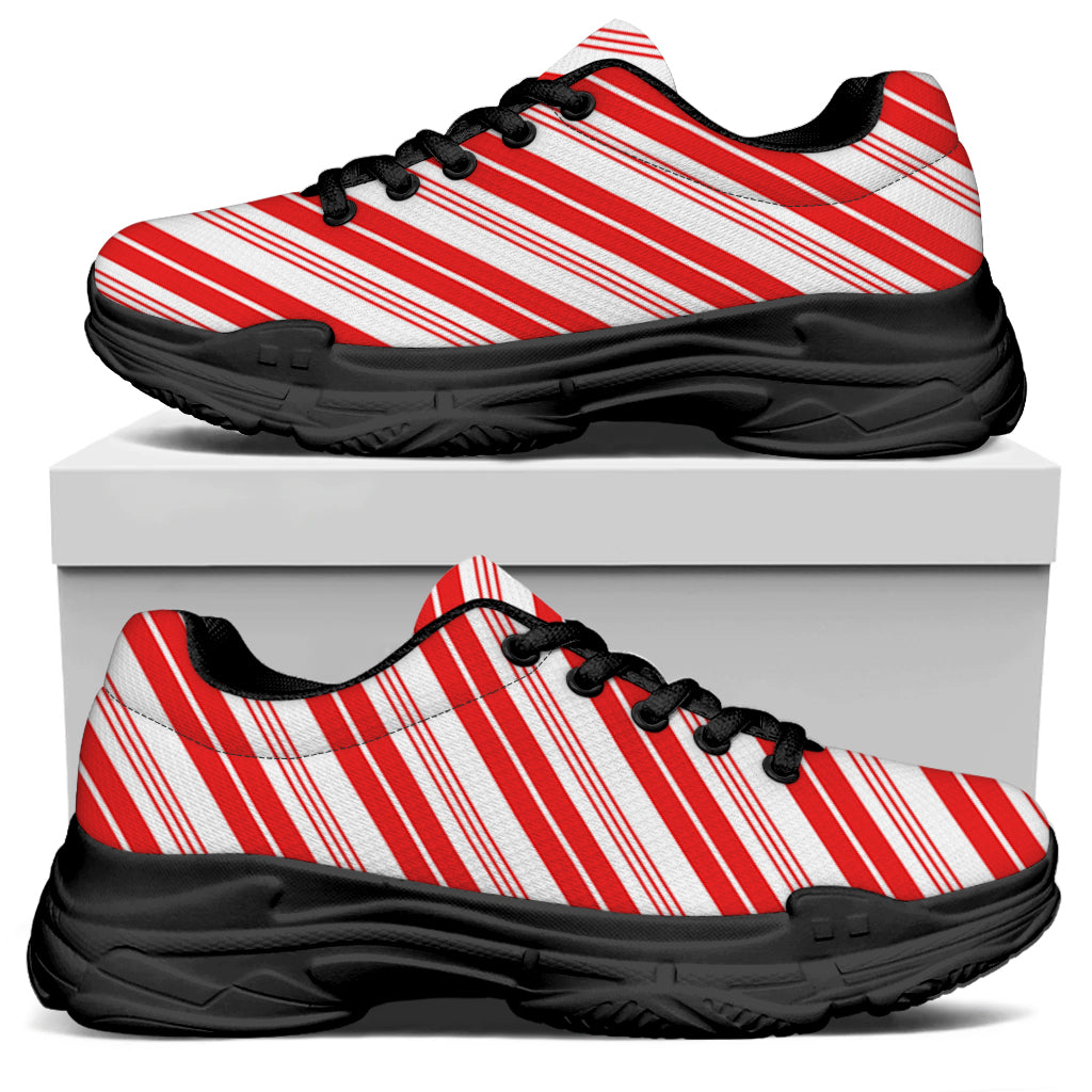 Red And White Candy Cane Stripe Print Black Chunky Shoes