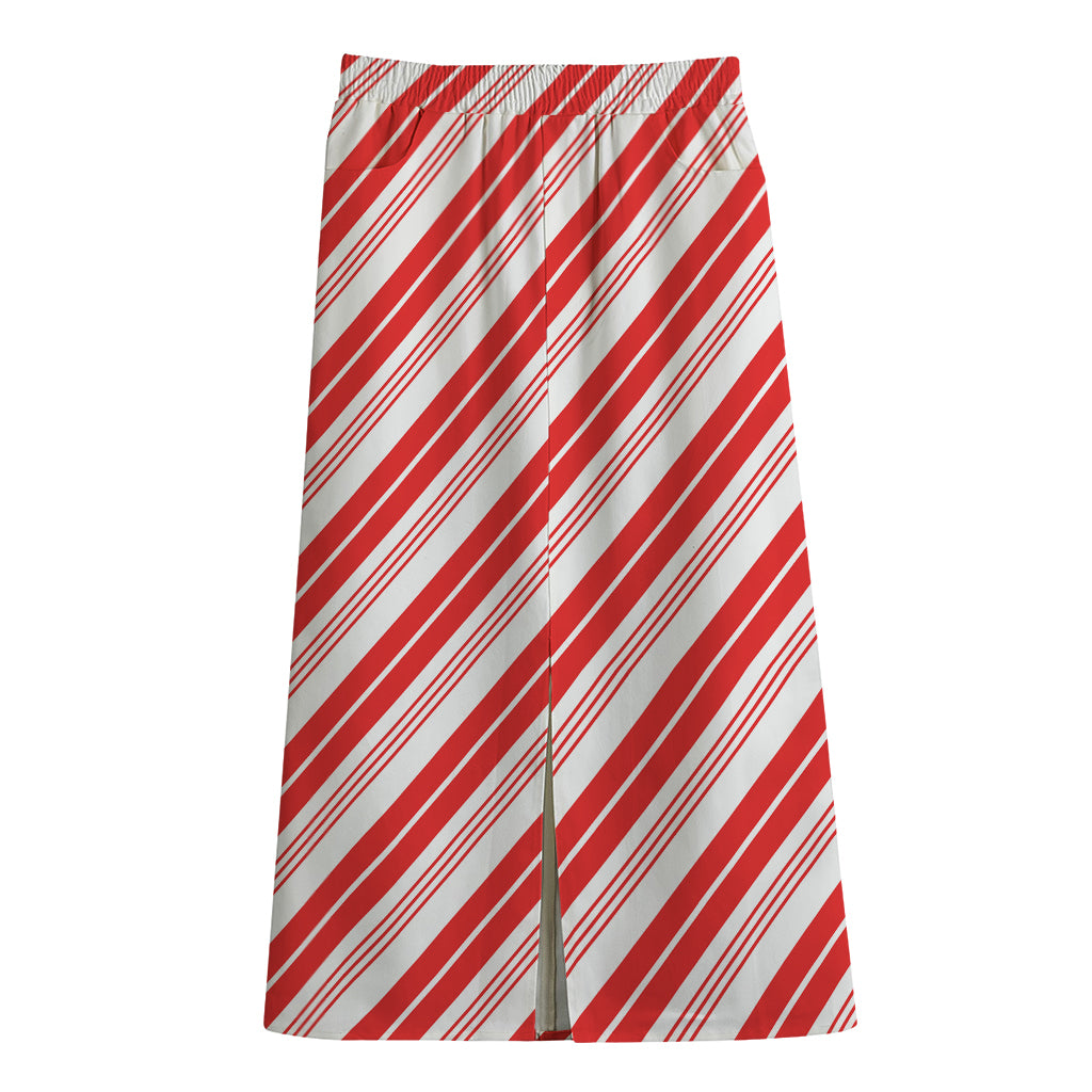 Red And White Candy Cane Stripe Print Cotton Front Slit Maxi Skirt