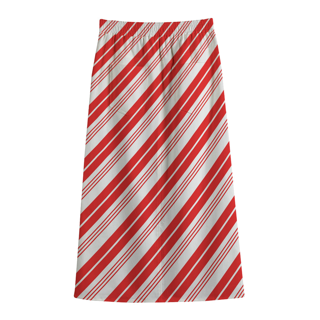 Red And White Candy Cane Stripe Print Cotton Front Slit Maxi Skirt