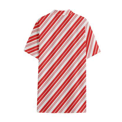 Red And White Candy Cane Stripe Print Cotton Hawaiian Shirt