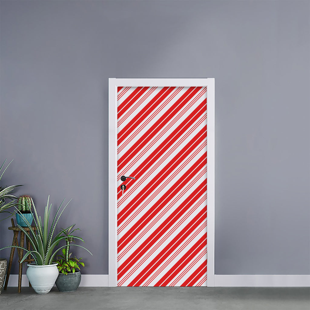 Red And White Candy Cane Stripe Print Door Sticker