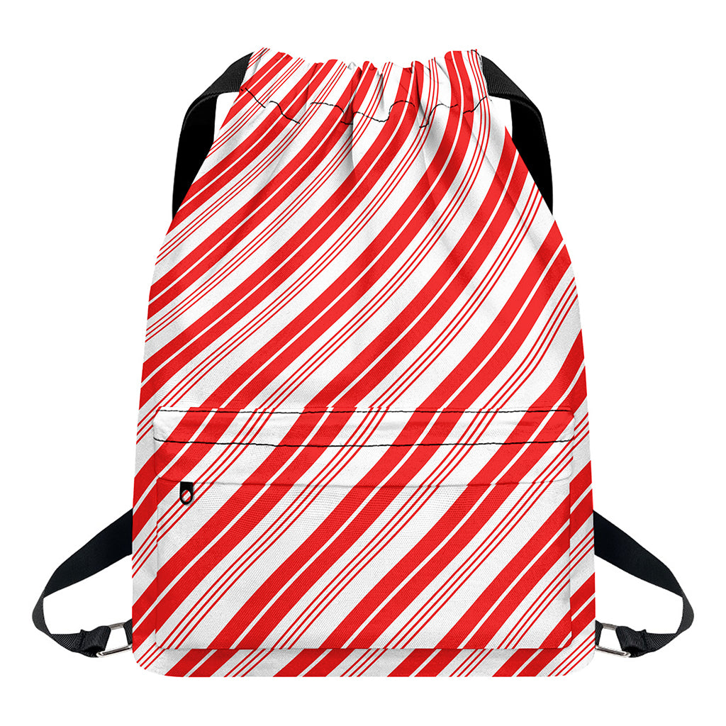 Red And White Candy Cane Stripe Print Drawstring Backpack