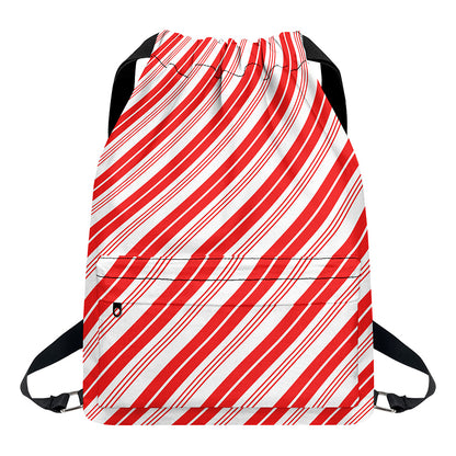 Red And White Candy Cane Stripe Print Drawstring Backpack