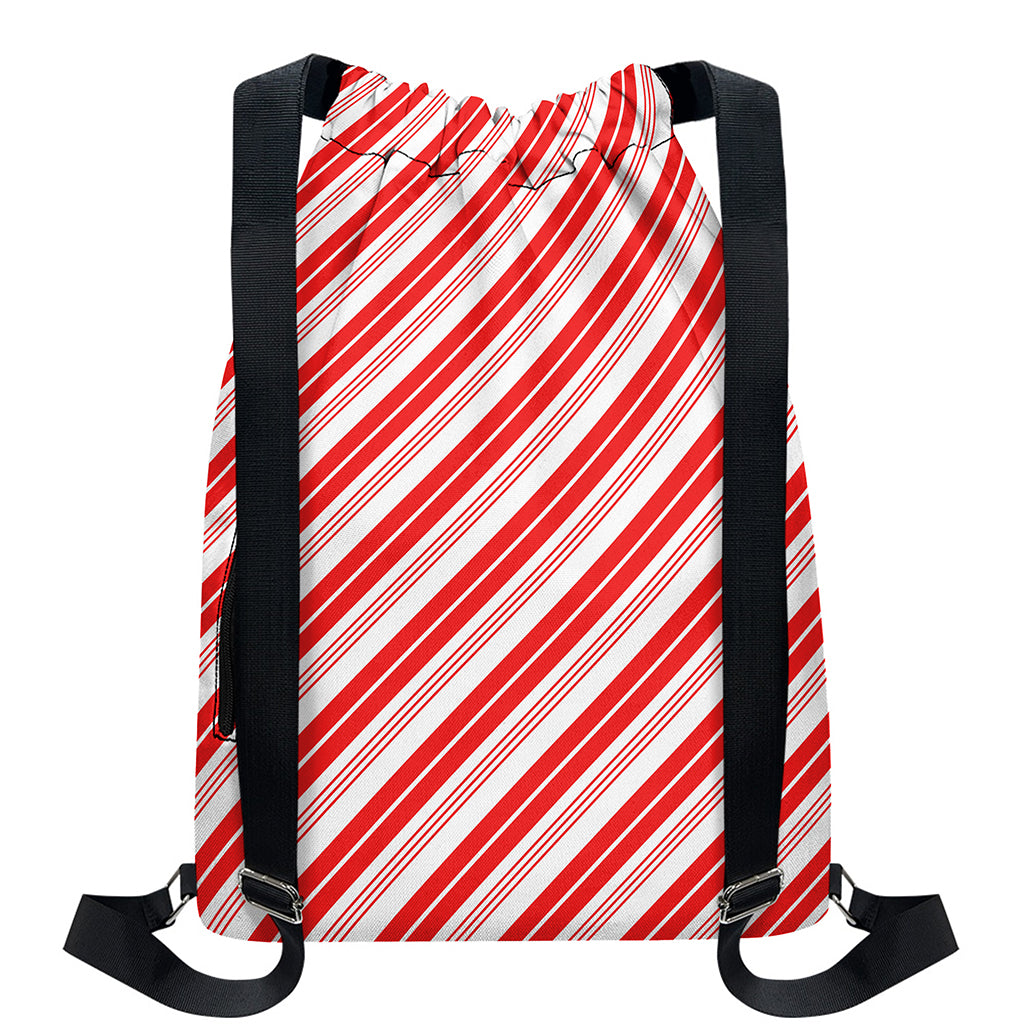 Red And White Candy Cane Stripe Print Drawstring Backpack