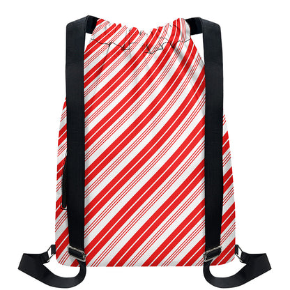 Red And White Candy Cane Stripe Print Drawstring Backpack