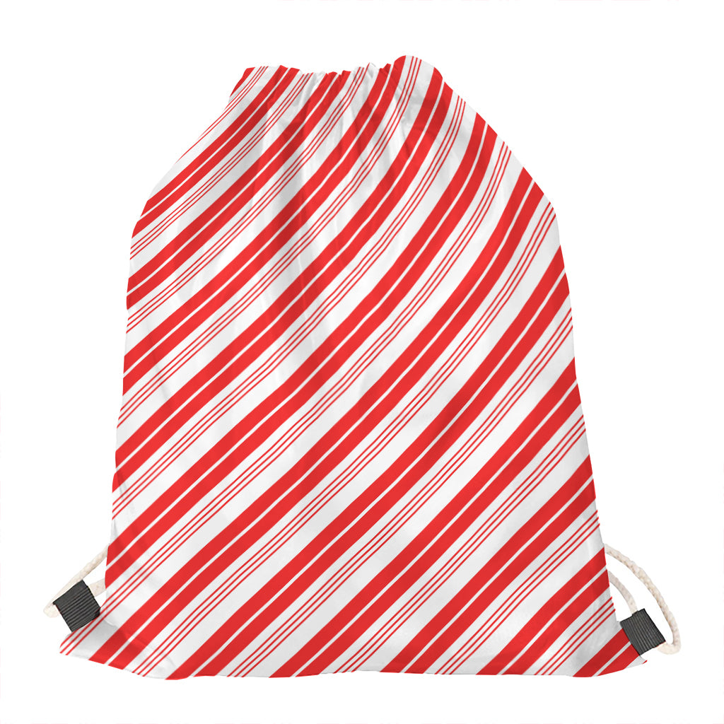 Red And White Candy Cane Stripe Print Drawstring Bag