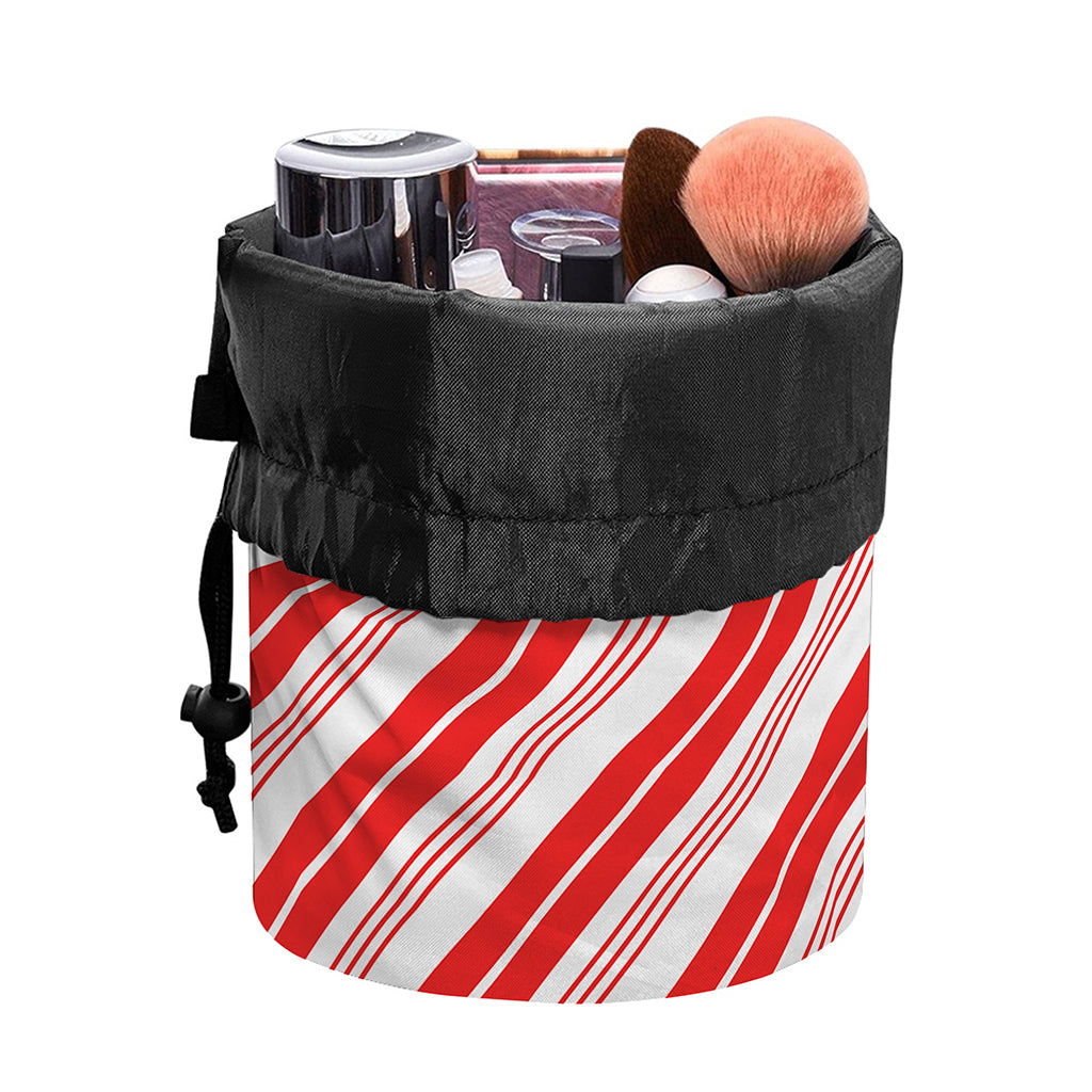 Red And White Candy Cane Stripe Print Drawstring Makeup Bag