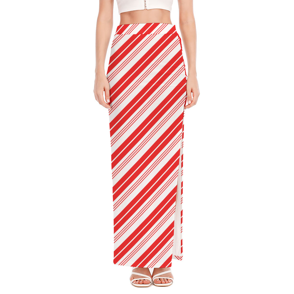 Red And White Candy Cane Stripe Print High Slit Maxi Skirt