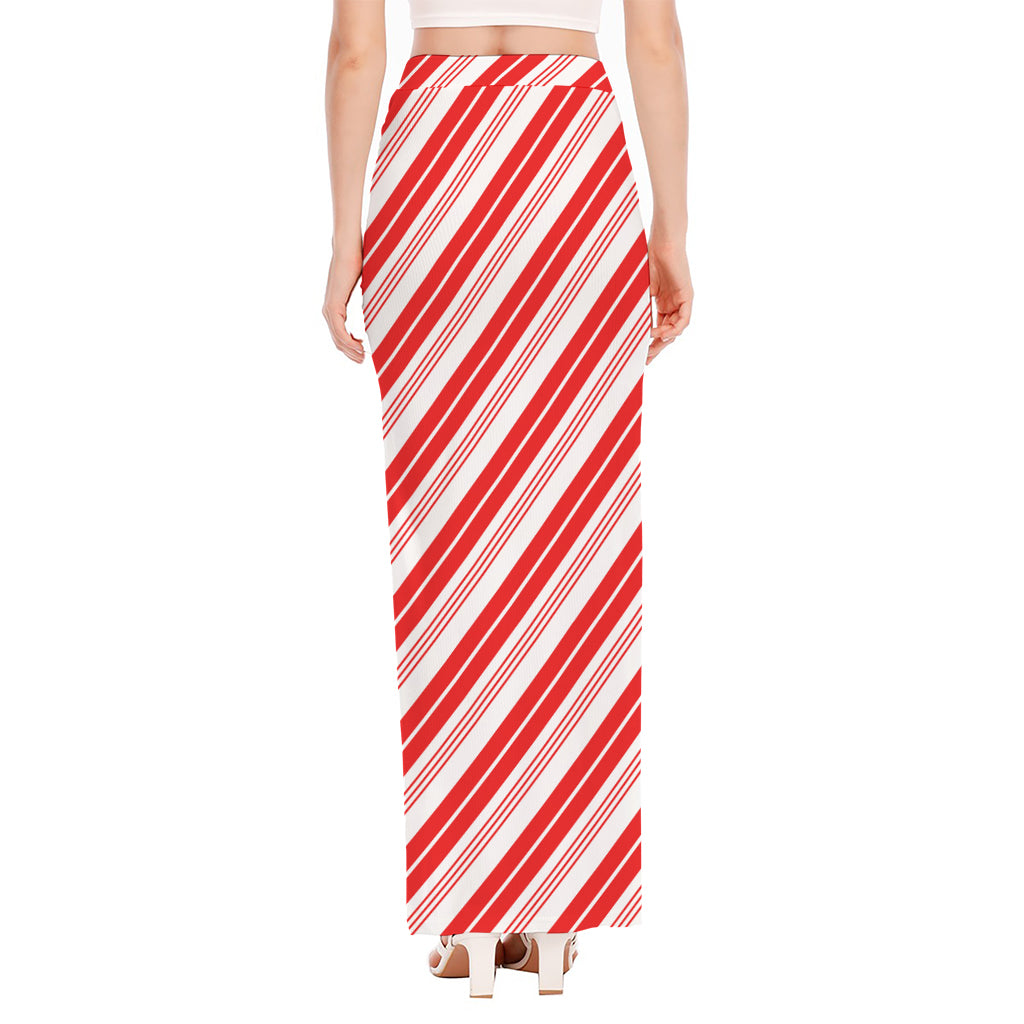 Red And White Candy Cane Stripe Print High Slit Maxi Skirt