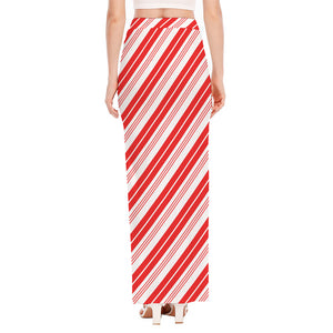 Red And White Candy Cane Stripe Print High Slit Maxi Skirt