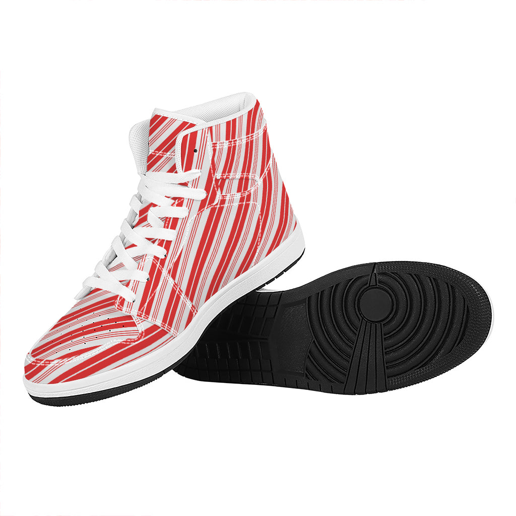 Red And White Candy Cane Stripe Print High Top Leather Sneakers