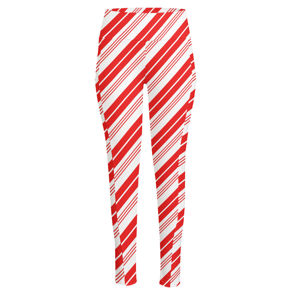 Red And White Candy Cane Stripe Print High-Waisted Pocket Leggings