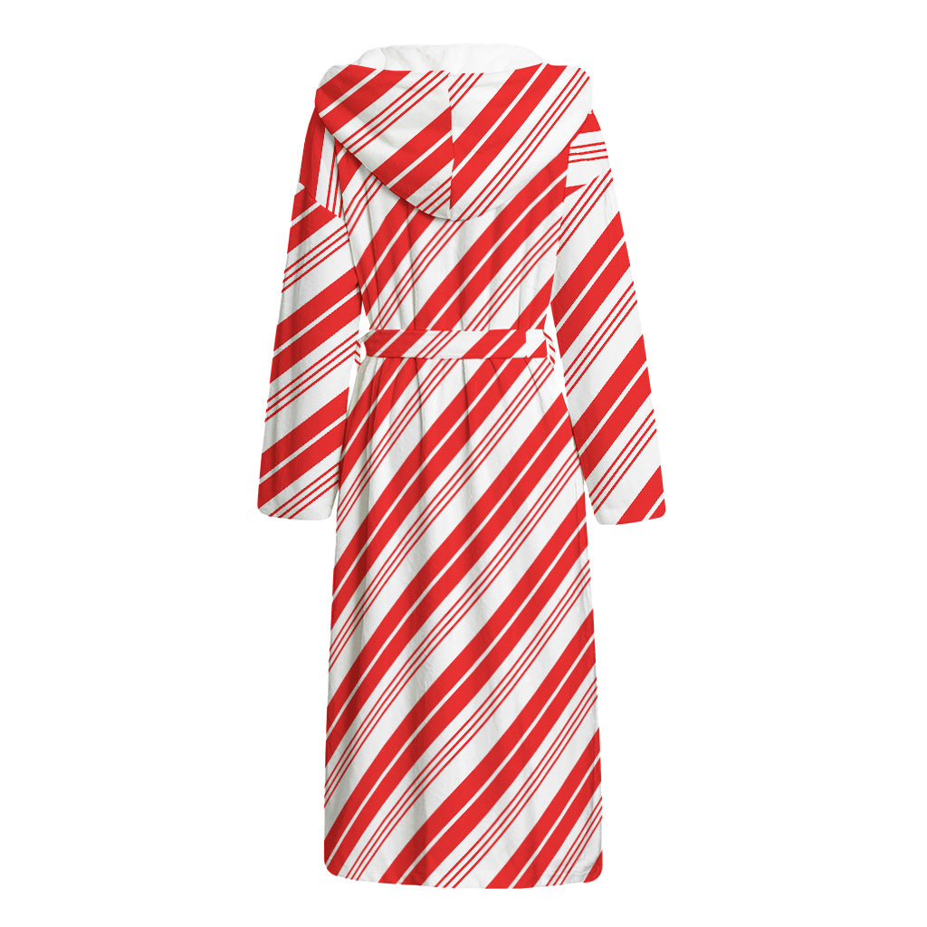 Red And White Candy Cane Stripe Print Hooded Bathrobe