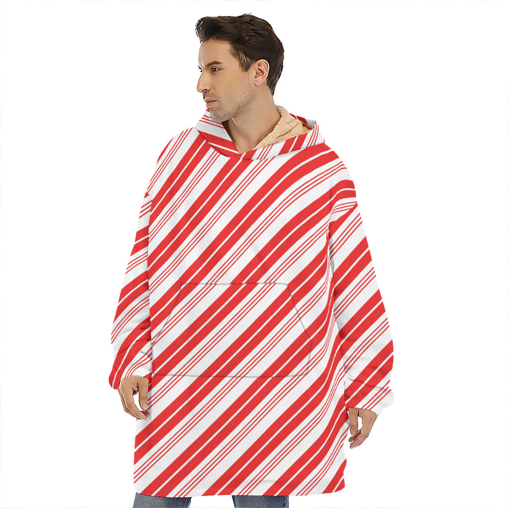 Red And White Candy Cane Stripe Print Hoodie Blanket