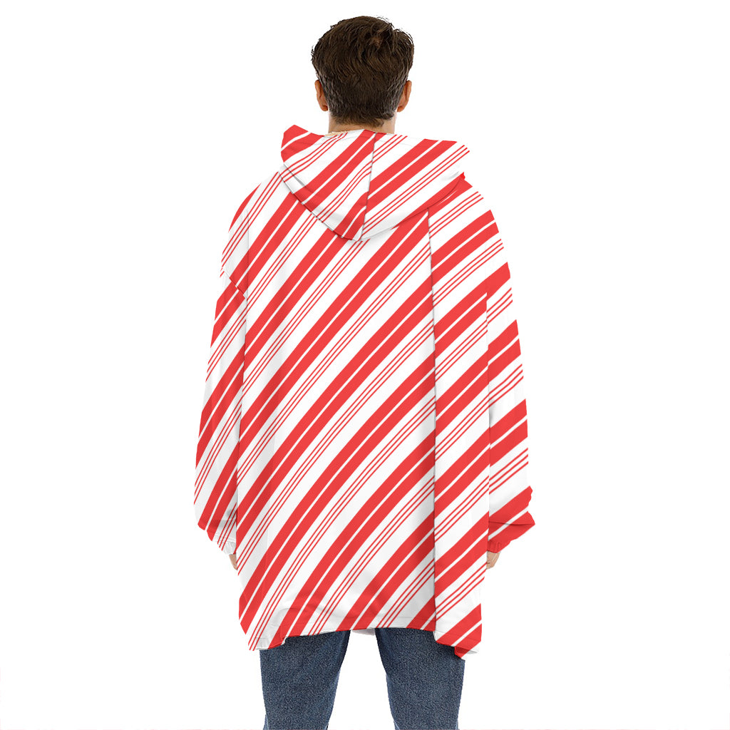 Red And White Candy Cane Stripe Print Hoodie Blanket