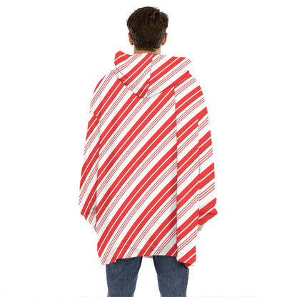 Red And White Candy Cane Stripe Print Hoodie Blanket