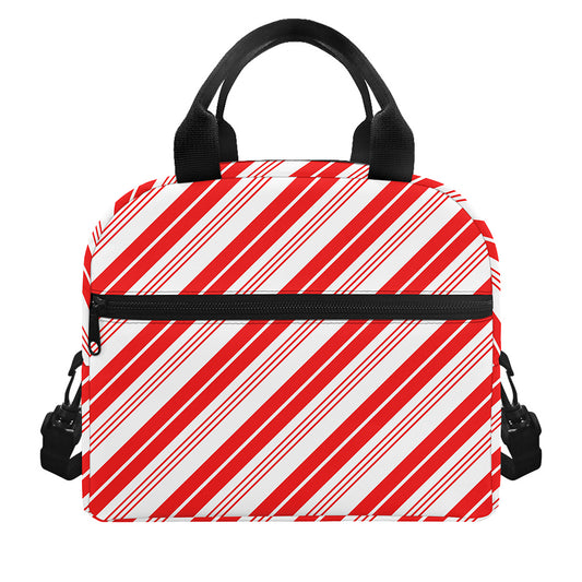 Red And White Candy Cane Stripe Print Insulated Lunch Bag