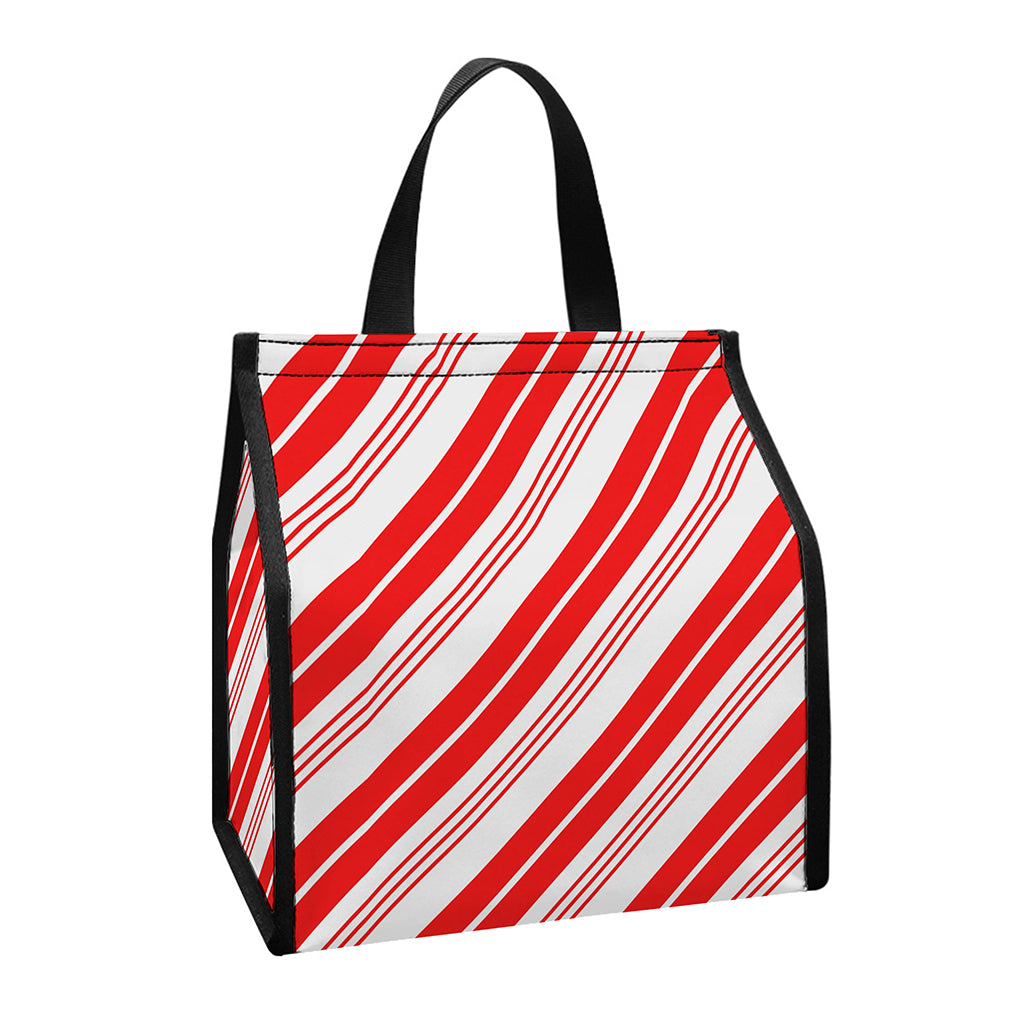 Red And White Candy Cane Stripe Print Insulated Lunch Tote