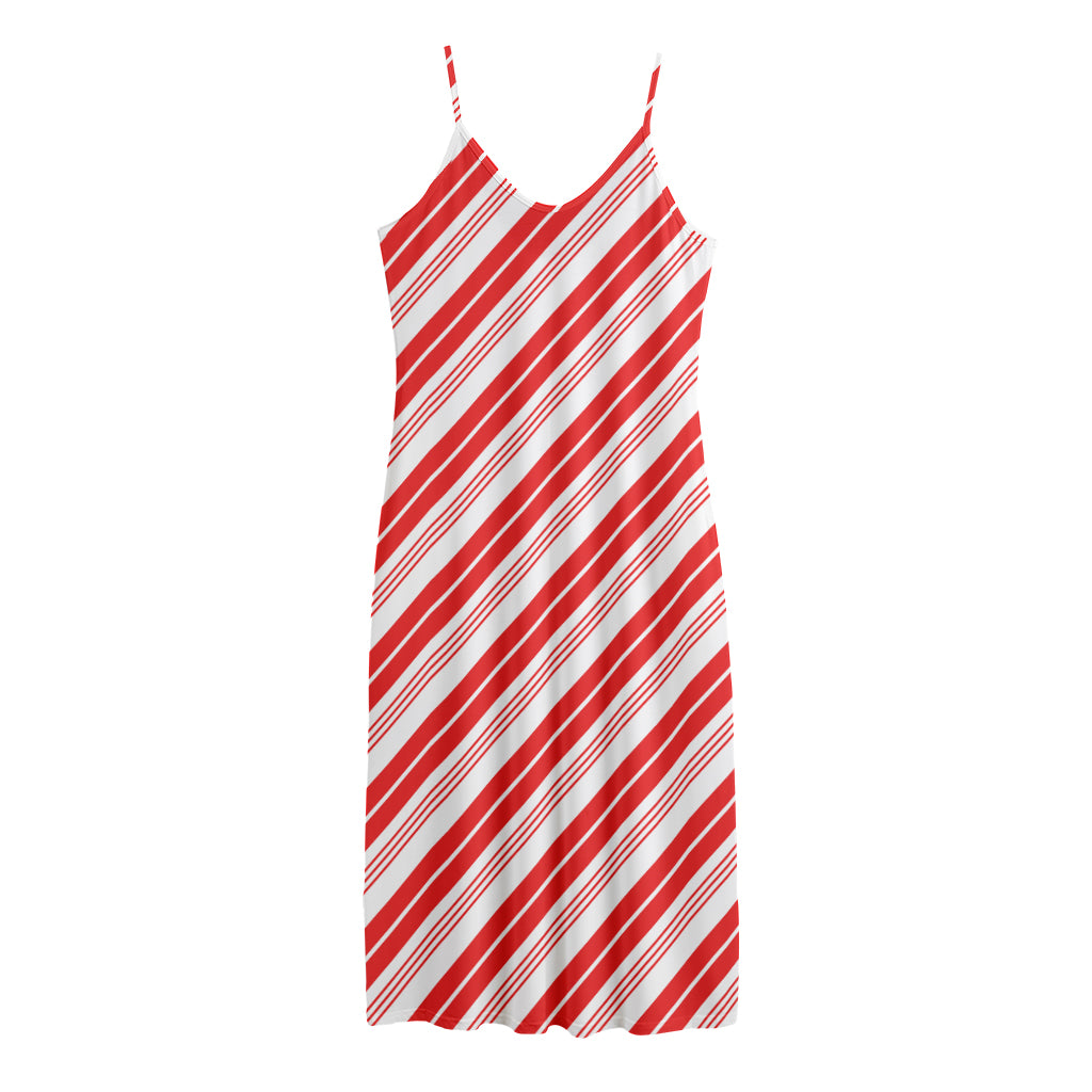 Red And White Candy Cane Stripe Print Jersey Midi Cami Dress